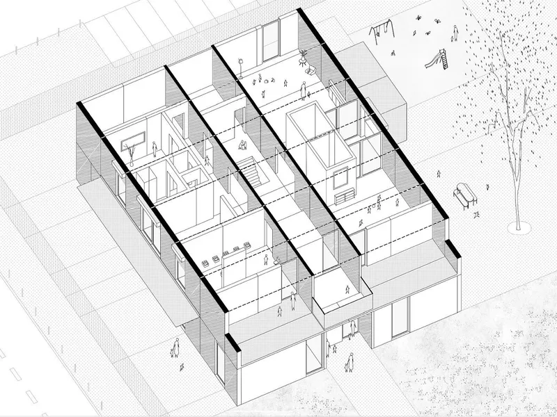 Axonometric cutaway drawing revealing interior room divisions and figures on a rooftop terrace with a tree