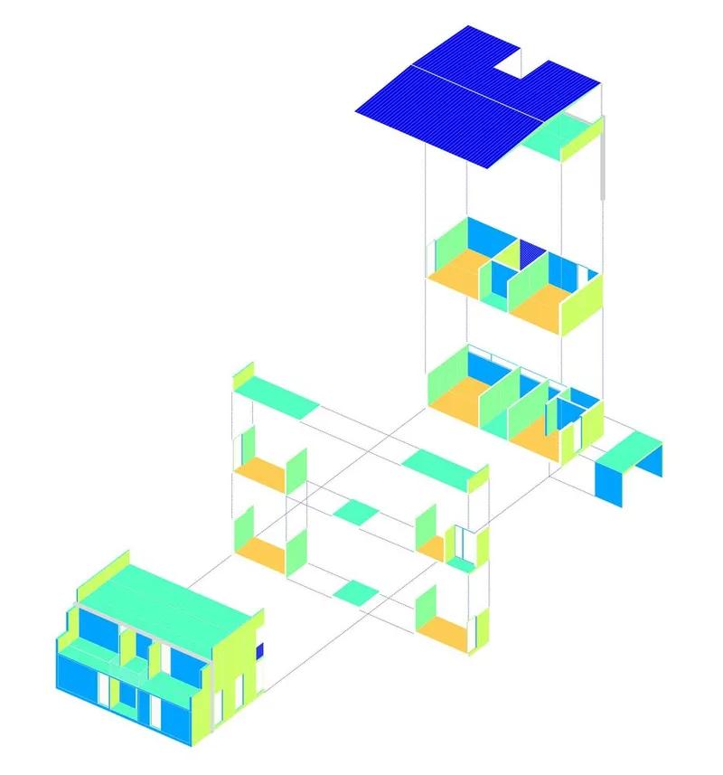 Exploded axonometric diagram showing floor levels and roof separated vertically in blue, green, and yellow
