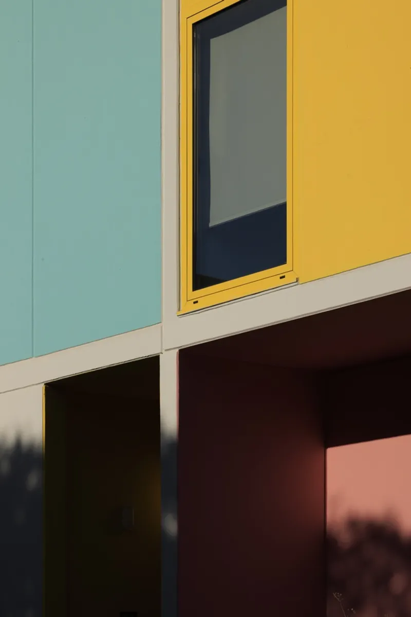 Close-up of pale blue, yellow, and maroon facade panels meeting at a corner joint