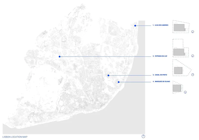 Location map showing four sites marked with blue dots and labeled callouts across an urban area