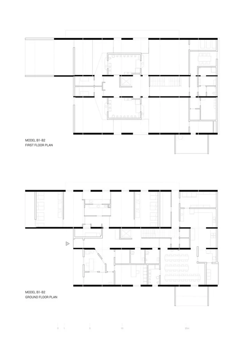 Floor plan drawings showing first floor and ground floor layouts with interior partitions and circulation