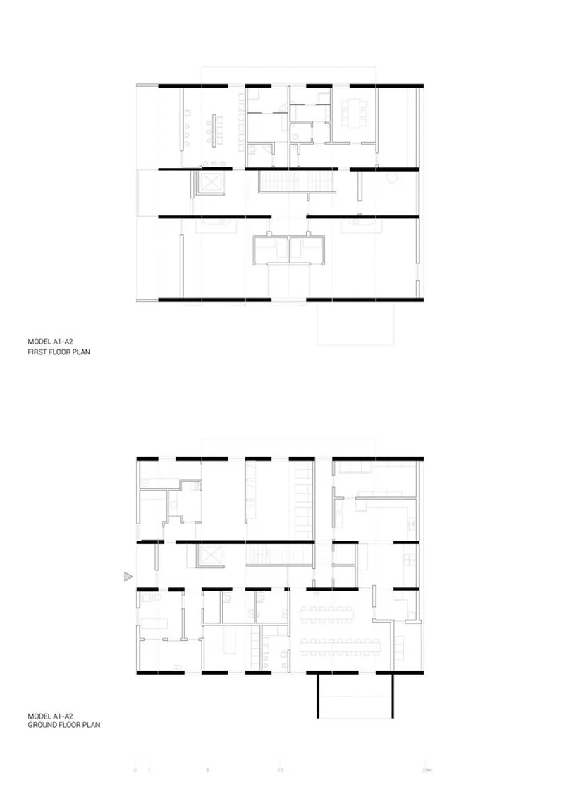 Floor plan drawings depicting first floor and ground floor arrangements with room divisions and stairways