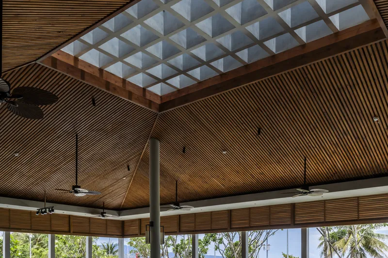 Pyramidal skylight set within timber slatted ceiling with palm fronds visible through the glazing