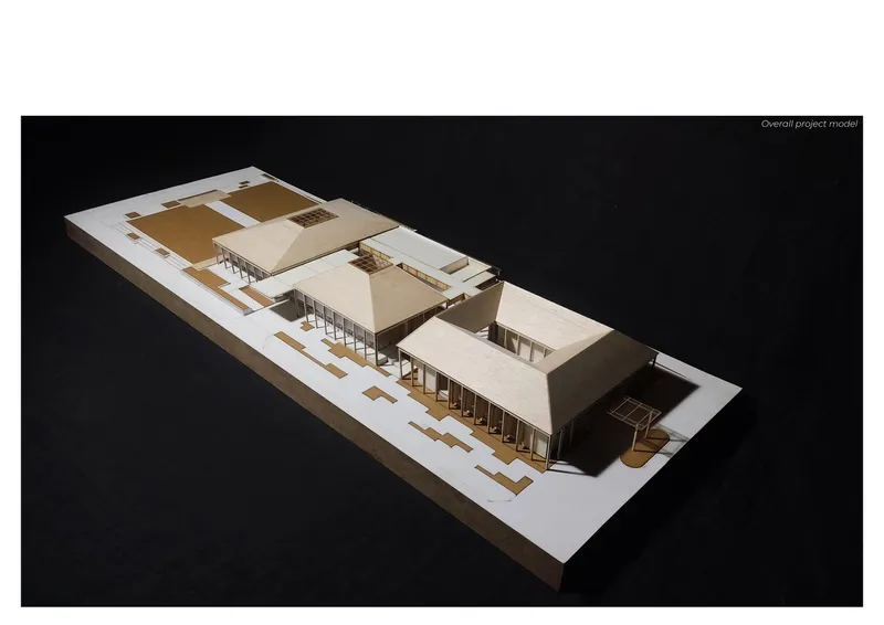 Physical model showing complex of gabled volumes with courtyards and colonnaded walkways