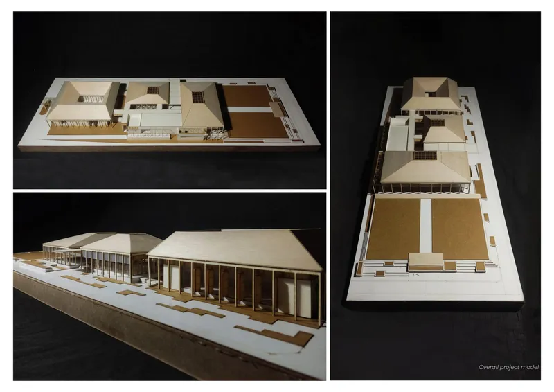 Three views of physical model showing interior courtyards, gabled roofs, and colonnaded facades