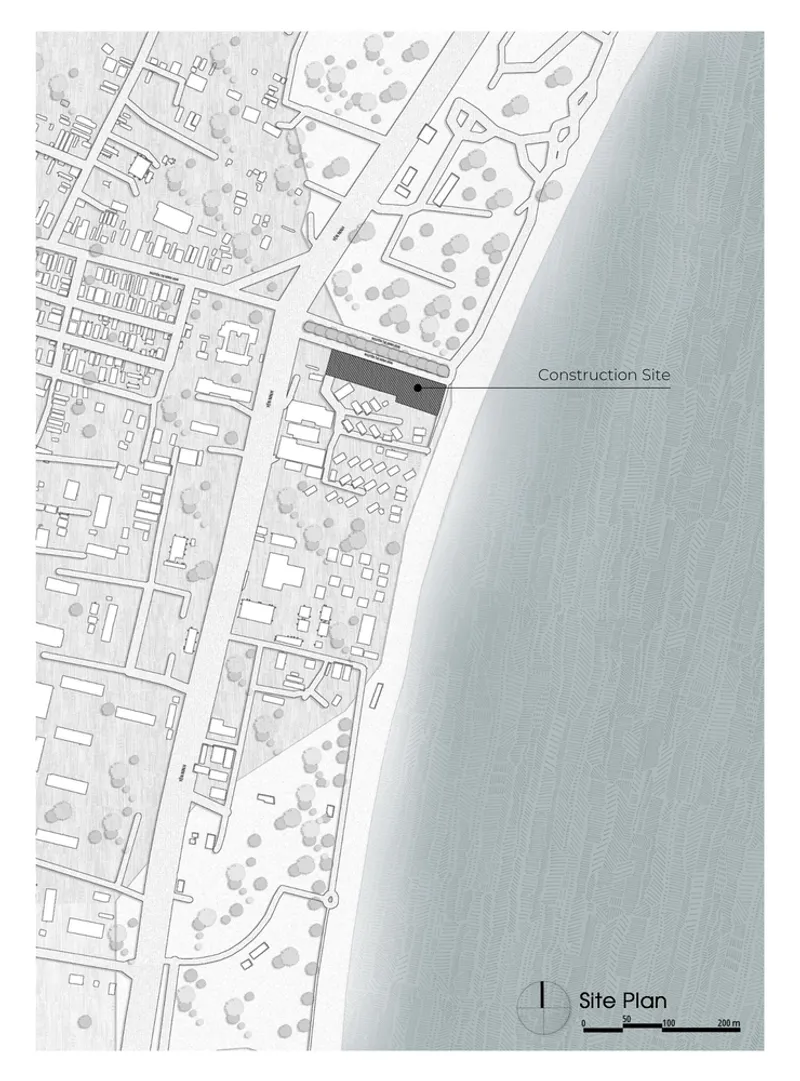 Site plan drawing showing building footprint between waterfront and urban street grid with vegetation