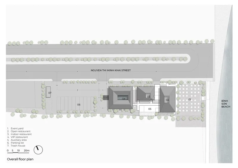 Overall floor plan drawing showing multiple pavilion volumes arranged along a beachfront promenade with street trees