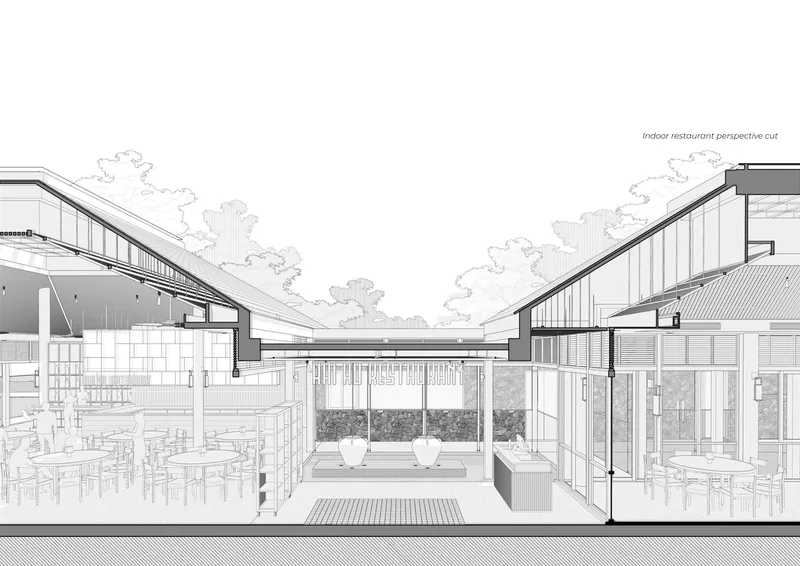 Perspective section drawing through the indoor restaurant spaces showing pitched rooflines and glazed walls framing courtyards