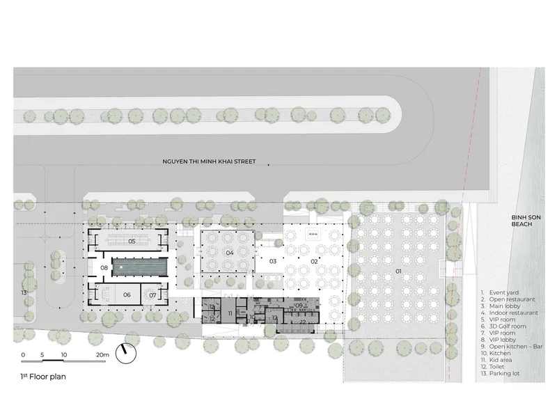 First floor plan drawing depicting interior dining spaces, courtyards, and a patterned outdoor terrace facing the beach