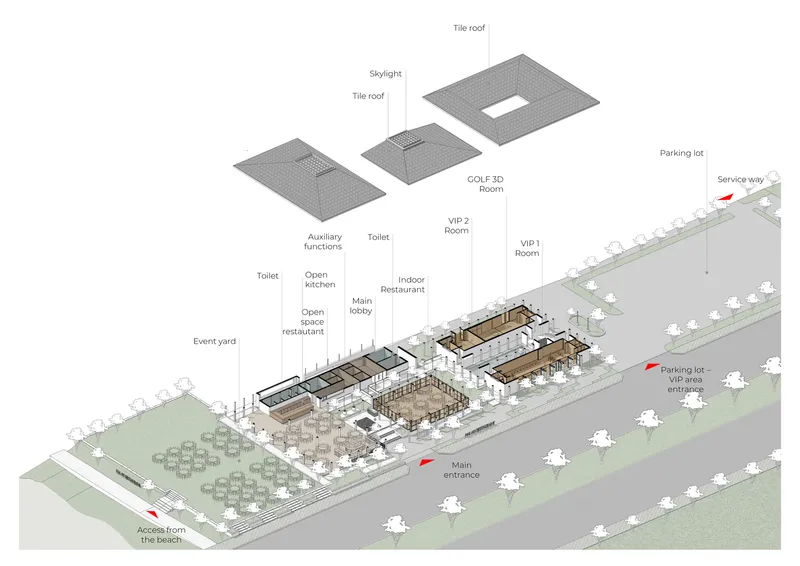 Axonometric drawing showing the exploded tile roof elements hovering above the restaurant and courtyard layout