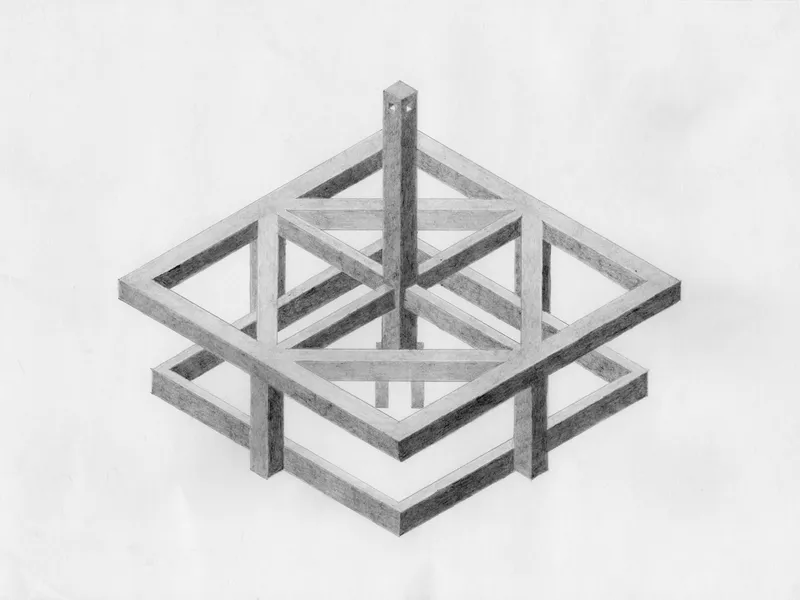 Axonometric drawing of a pyramidal timber roof structure with central column and diagonal bracing