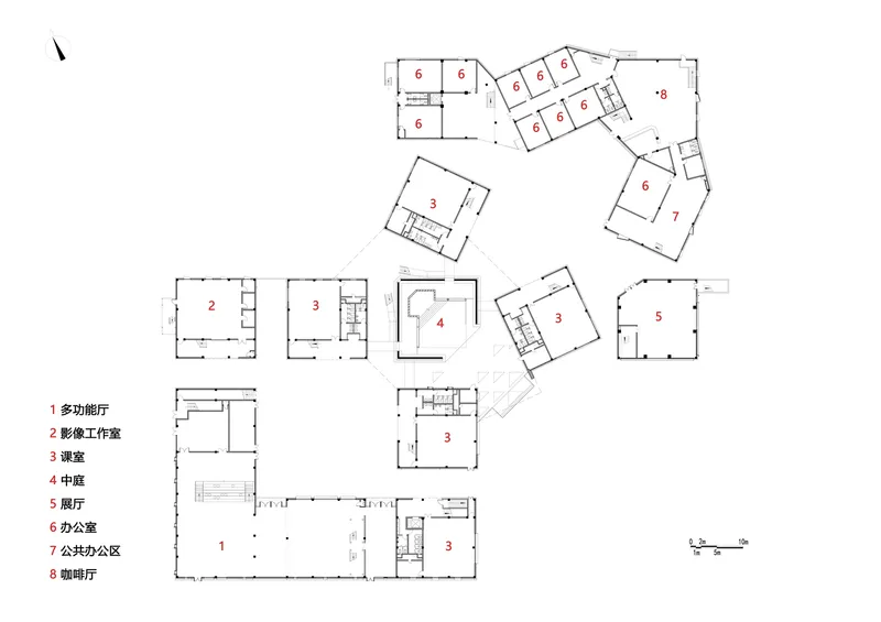 Floor plan drawing showing multiple angled building volumes arranged around a central circular space