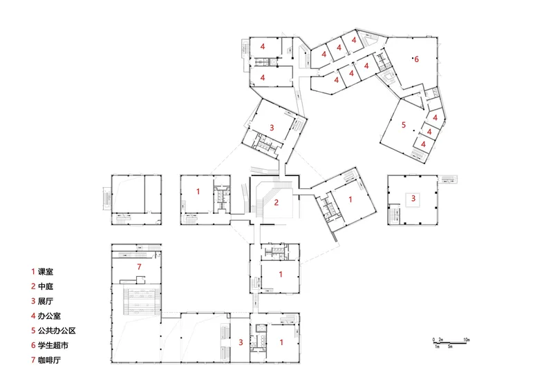 Floor plan drawing showing angled building volumes with numbered zones arranged around a central area