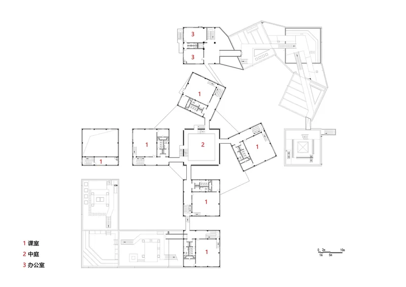 Floor plan drawing showing multiple rotated volumes connected by circulation corridors around a central core