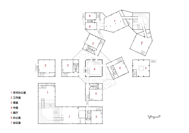 Floor plan drawing displaying scattered square volumes radiating from a central core with numbered rooms