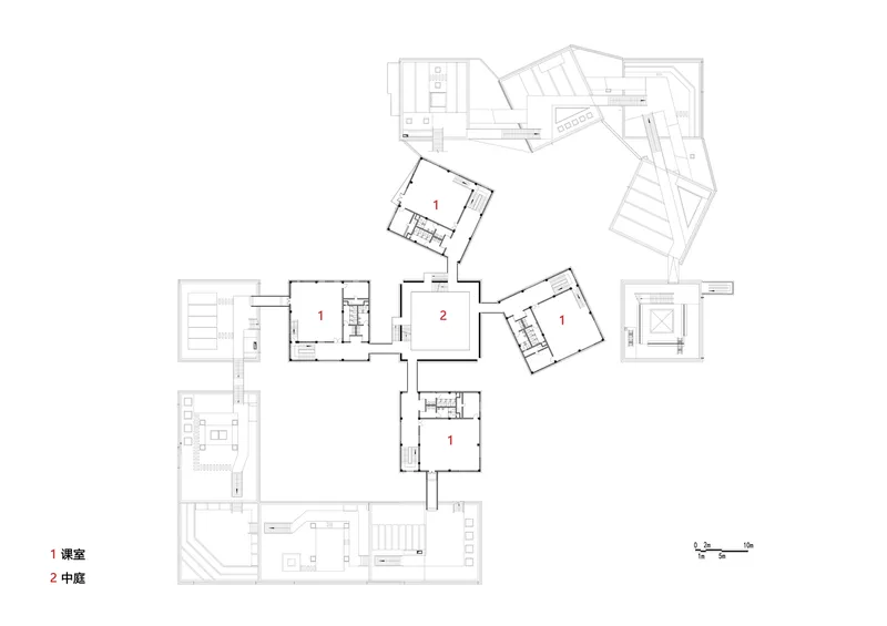 Floor plan drawing depicting rotated rectangular volumes linked by corridors with outdoor terraces and staircases