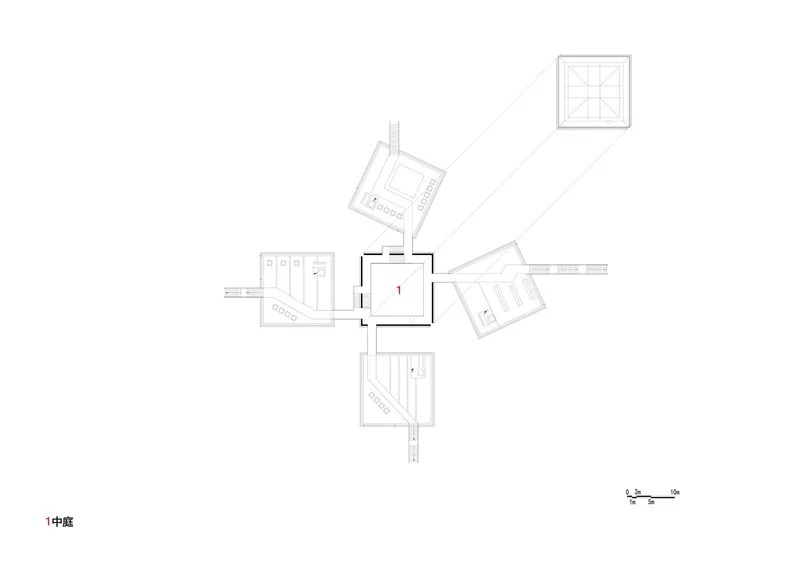 Roof plan drawing showing a central square core with five rectangular volumes radiating outward at angles