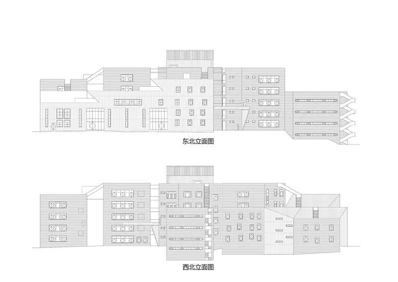 Elevation drawings showing east and west facades with fenestration patterns and massing variations