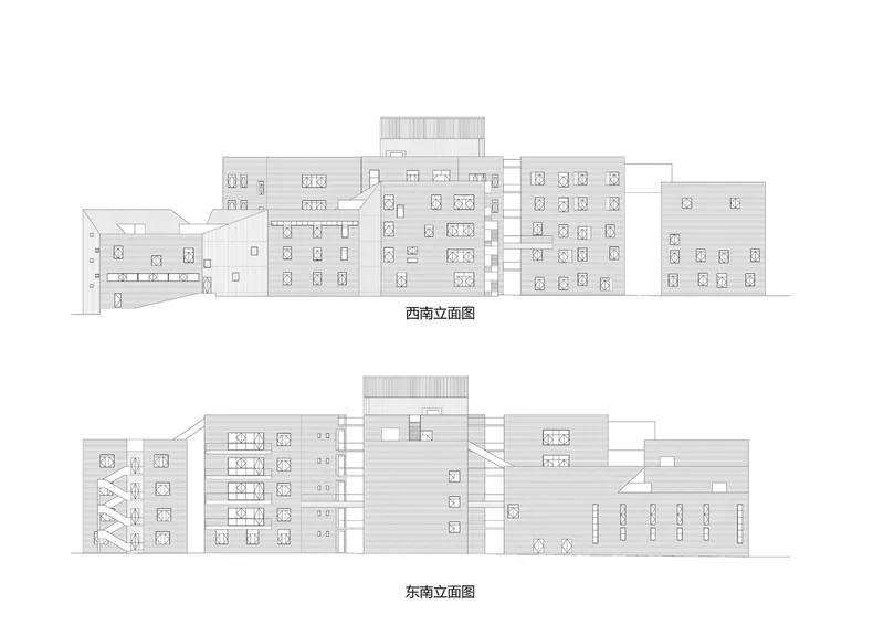 Elevation drawings depicting west and east facades with window openings and horizontal banding