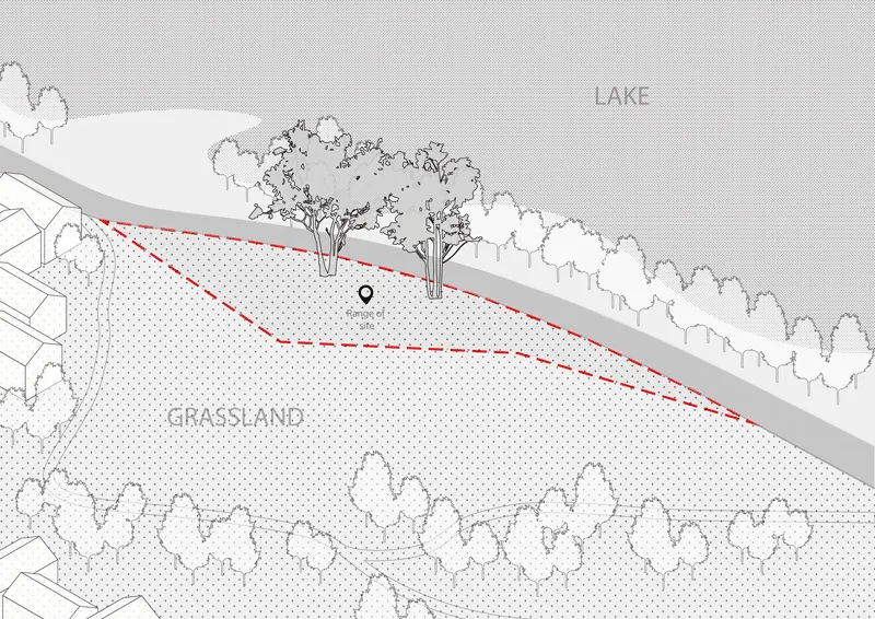 Site plan drawing depicting the relationship between grassland, a curving path, trees, and lakefront
