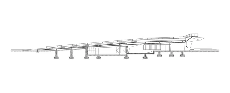 Section drawing showing an elevated structure with columns supporting a sloped roof and central core