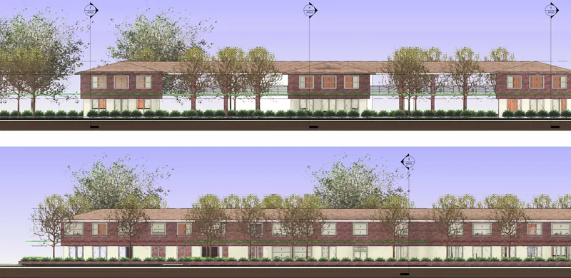 Elevation drawing showing two-story brick residential wings separated by trees with street lighting poles