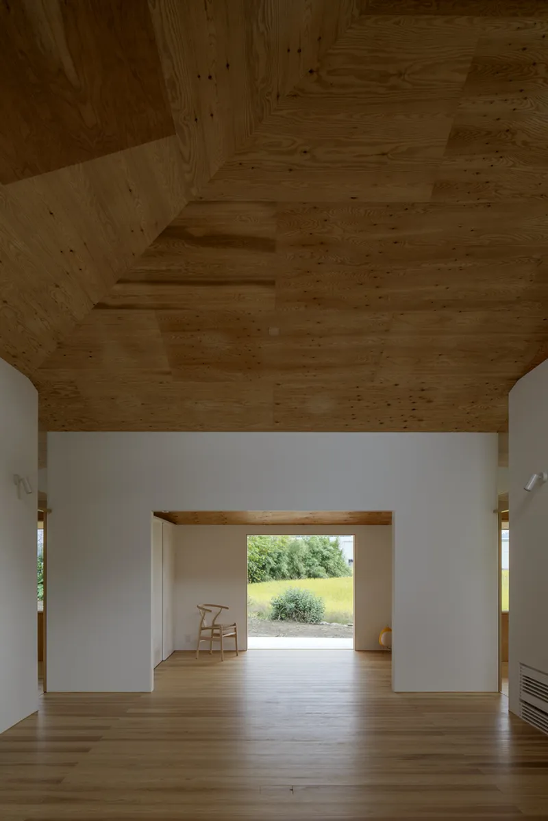 Interior view through aligned doorways to the landscape with exposed plywood ceiling and timber flooring