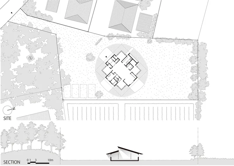 Site plan and section drawing showing the residence within landscaped grounds