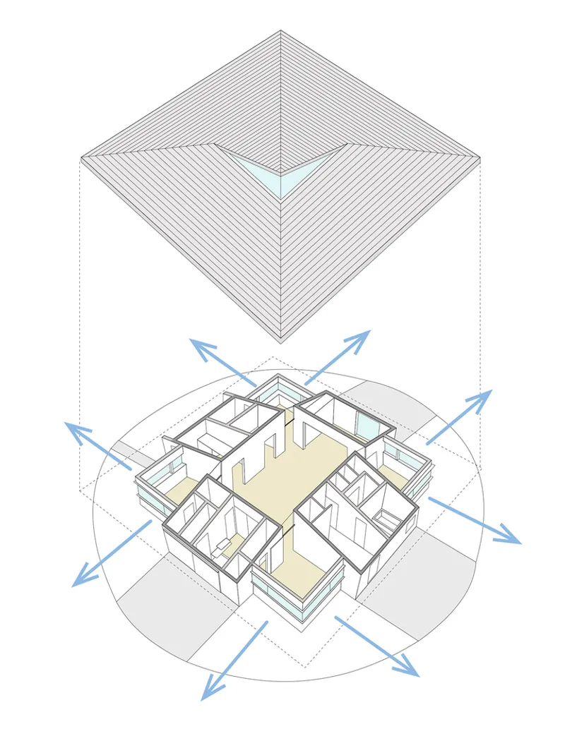 Axonometric diagram illustrating the pyramidal roof hovering above the floor plan