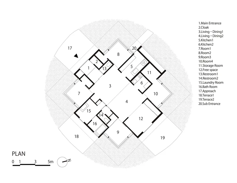 Floor plan drawing showing a four-lobed layout with multiple rooms clustered around a central core