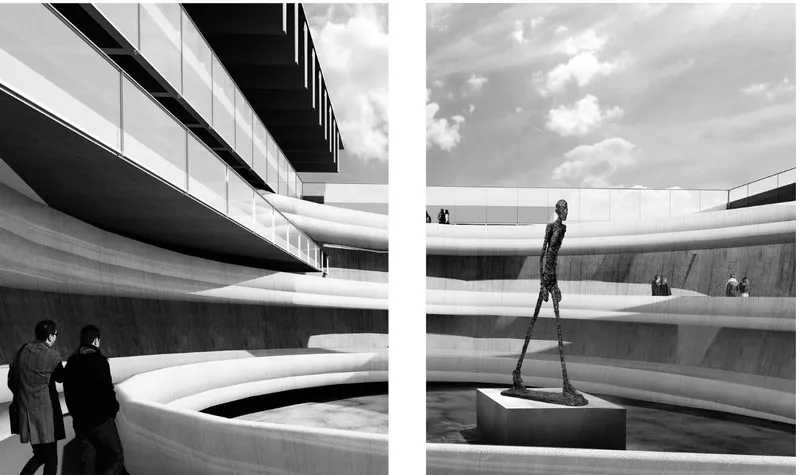 Interior courtyard with layered concrete seating terraces and visitors examining a bronze sculpture under cloudy skies