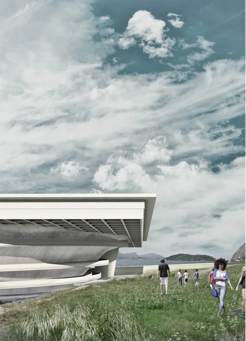 Layered concrete facade with cantilevered overhangs as visitors walk through wildflower meadow beside the water