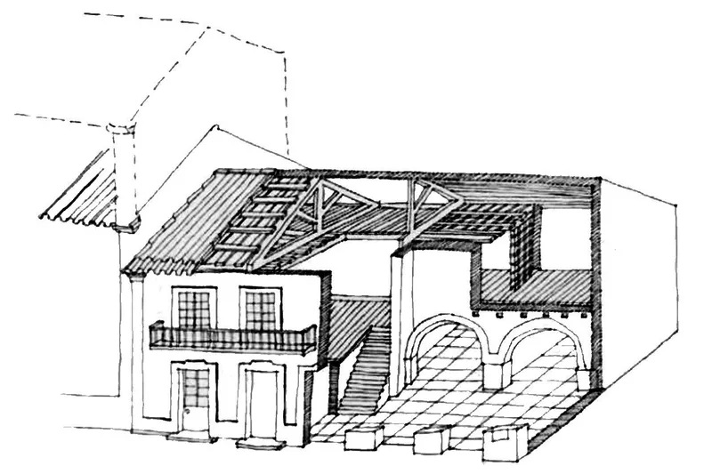 Cutaway sketch revealing the timber roof structure and arched underground spaces beneath the house