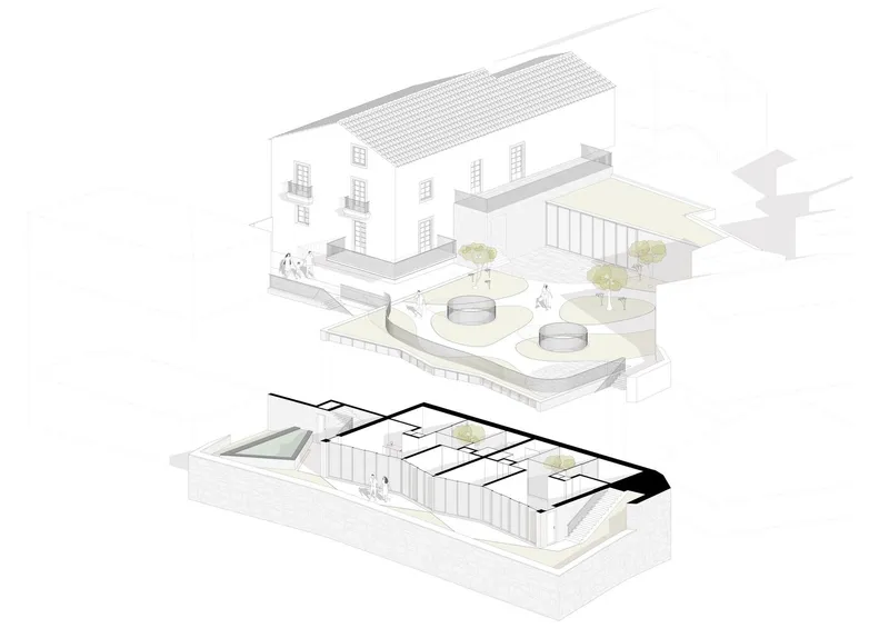Exploded axonometric drawing showing roof, terrace, and interior floor plates with planted trees