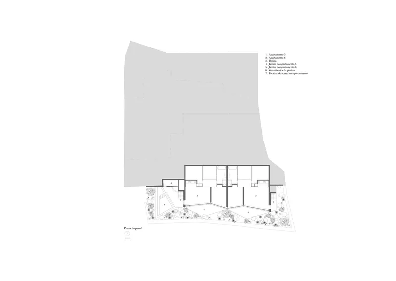 Floor plan drawing showing residential units with adjacent landscaped garden area