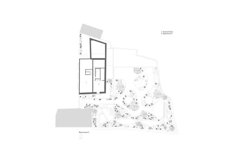 Upper level floor plan illustrating two-story volume with garden courtyard below