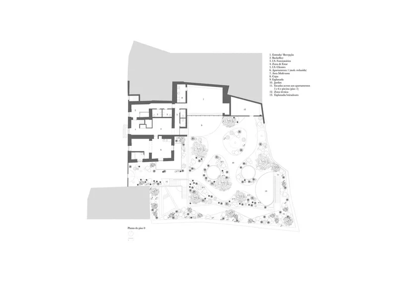 Ground floor plan drawing depicting interior rooms alongside extensively planted outdoor courtyard with circular pathways
