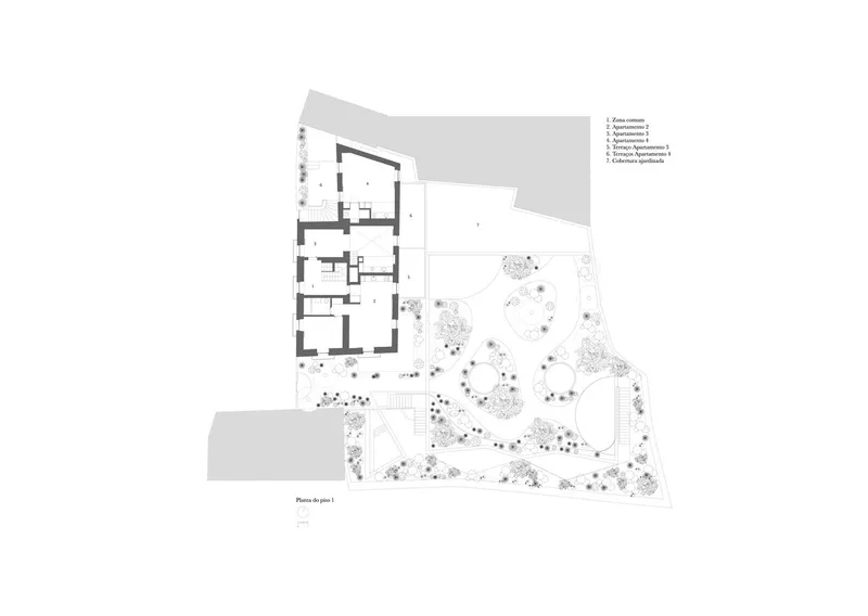 Level one floor plan showing compact residential layout with terraced garden featuring curved paths and vegetation