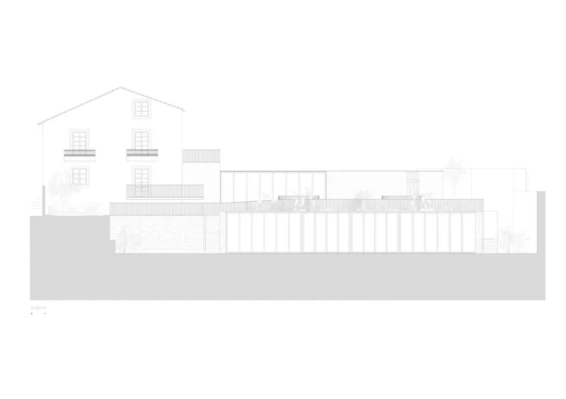 Elevation drawing showing a traditional house with a horizontal extension along the sloping site