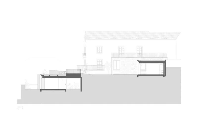 Section drawing revealing interior levels stepping down the hillside with covered terraces