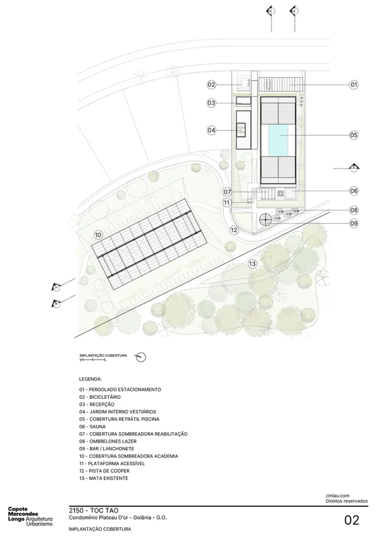 Roof plan drawing depicting a long pool structure and covered parking grid within landscaped grounds