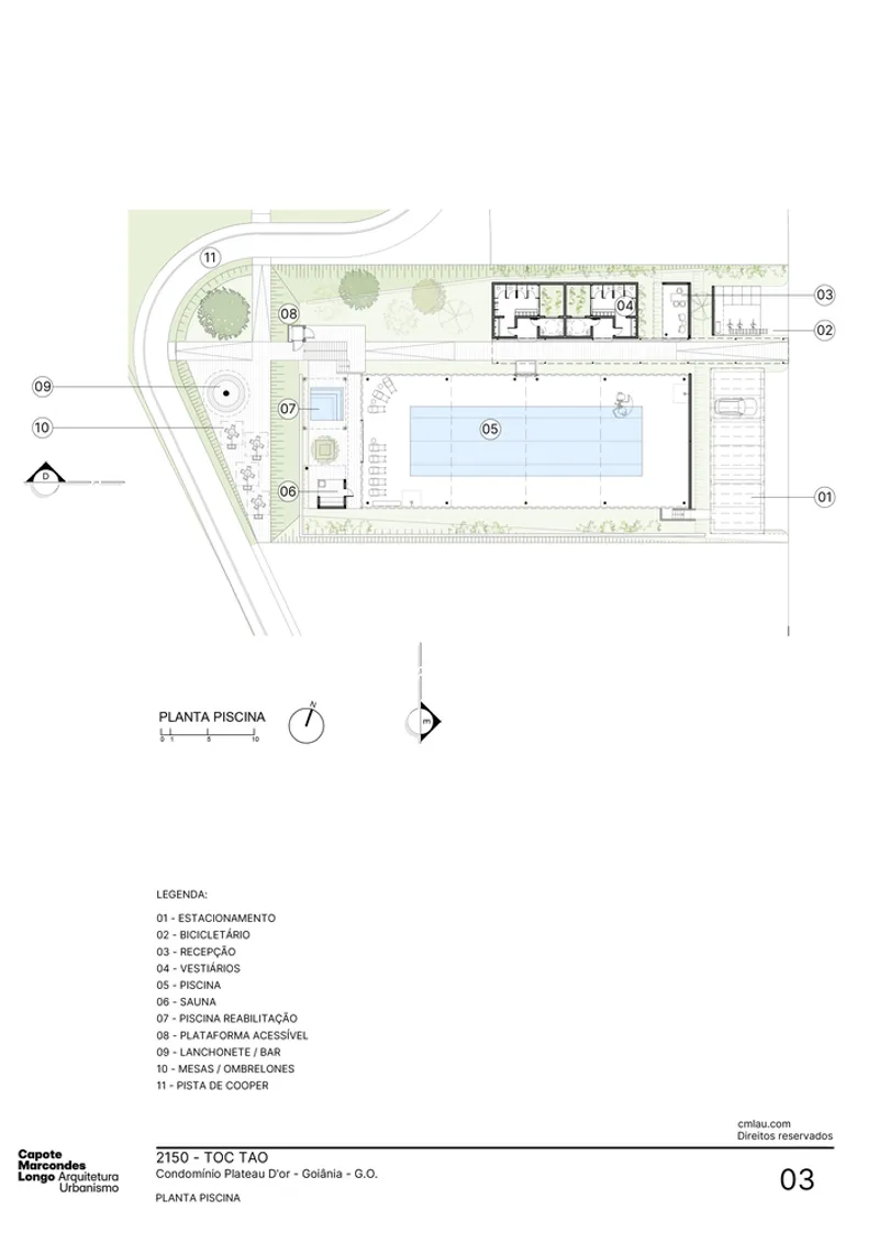 Floor plan drawing of a pool pavilion with adjacent gardens and service areas
