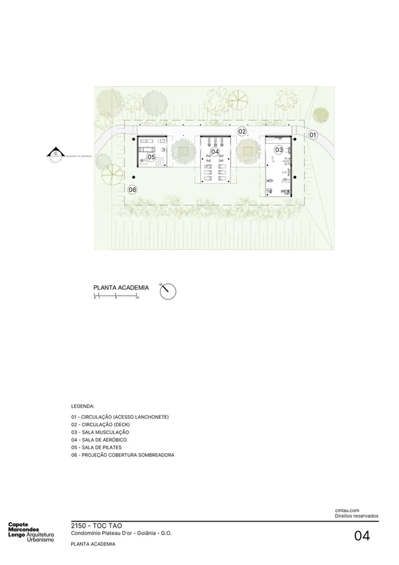 Floor plan drawing of a gym building with three rooms and circulation deck surrounded by trees
