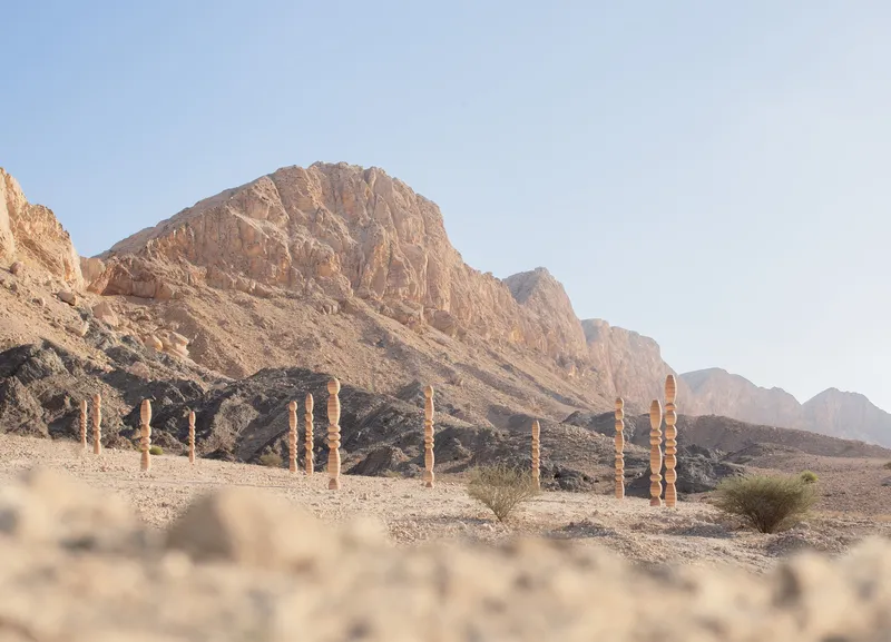 Row of timber columns stretching across a rocky plain beneath a towering sedimentary mountain face