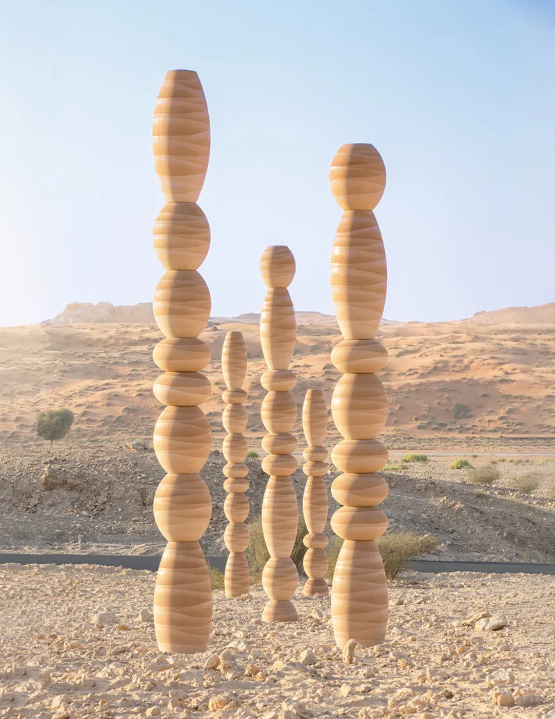 Group of stacked laminated wood columns with spherical and elliptical segments in a desert landscape