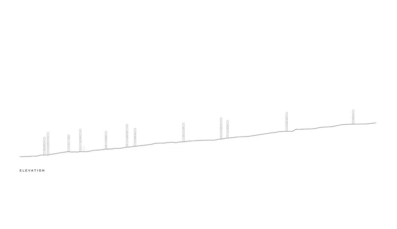 Elevation drawing showing nine vertical elements of varying heights along a sloped ground line