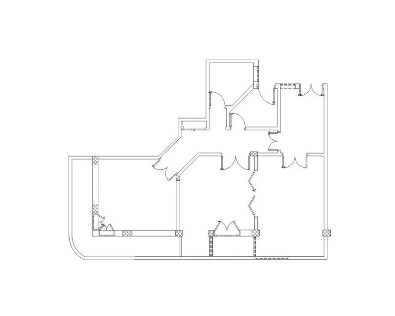 Floor plan drawing showing a residential unit with curved exterior wall and multiple interior partitions