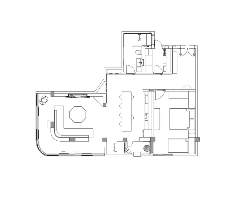 Floor plan drawing showing an angled living area with adjacent bedrooms and bathrooms