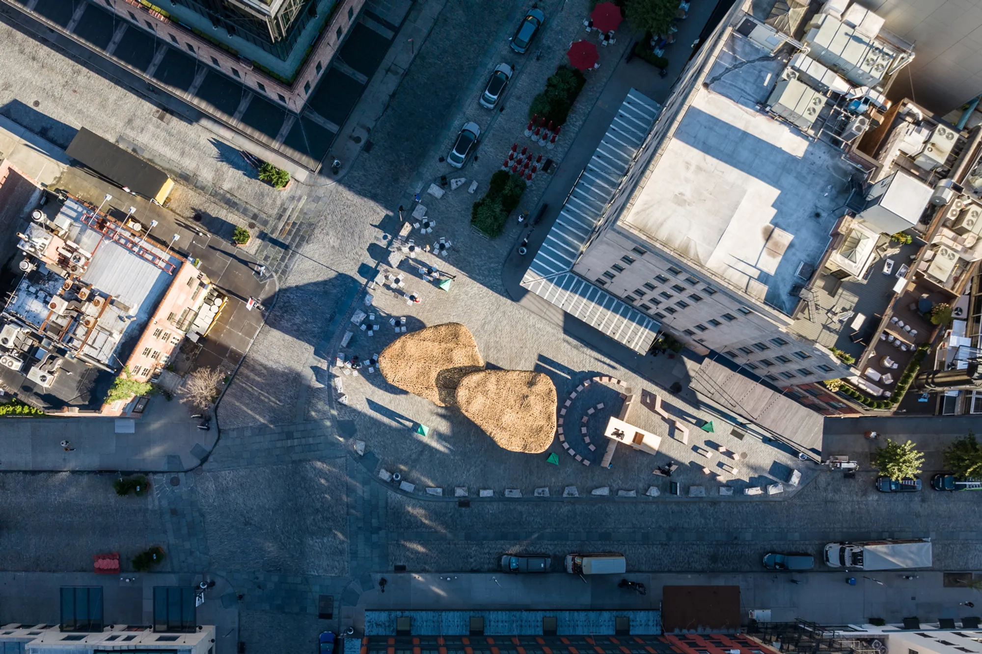 llLab. Weaves 10,000 Bamboo Strips into Two Floating Clouds Over Manhattan's Meatpacking District