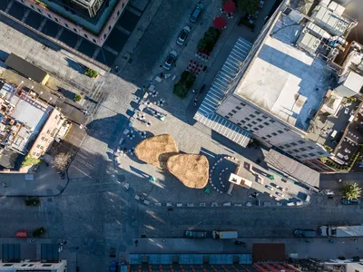 llLab. Weaves 10,000 Bamboo Strips into Two Floating Clouds Over Manhattan's Meatpacking District